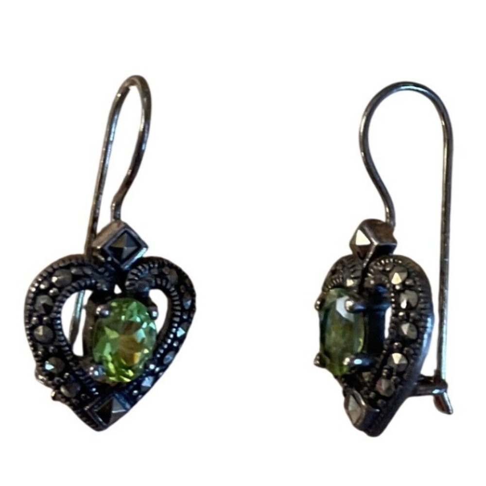 Vintage Thailand Sterling Silver Peridot Marcasite Heart Earrings Romantic Goth